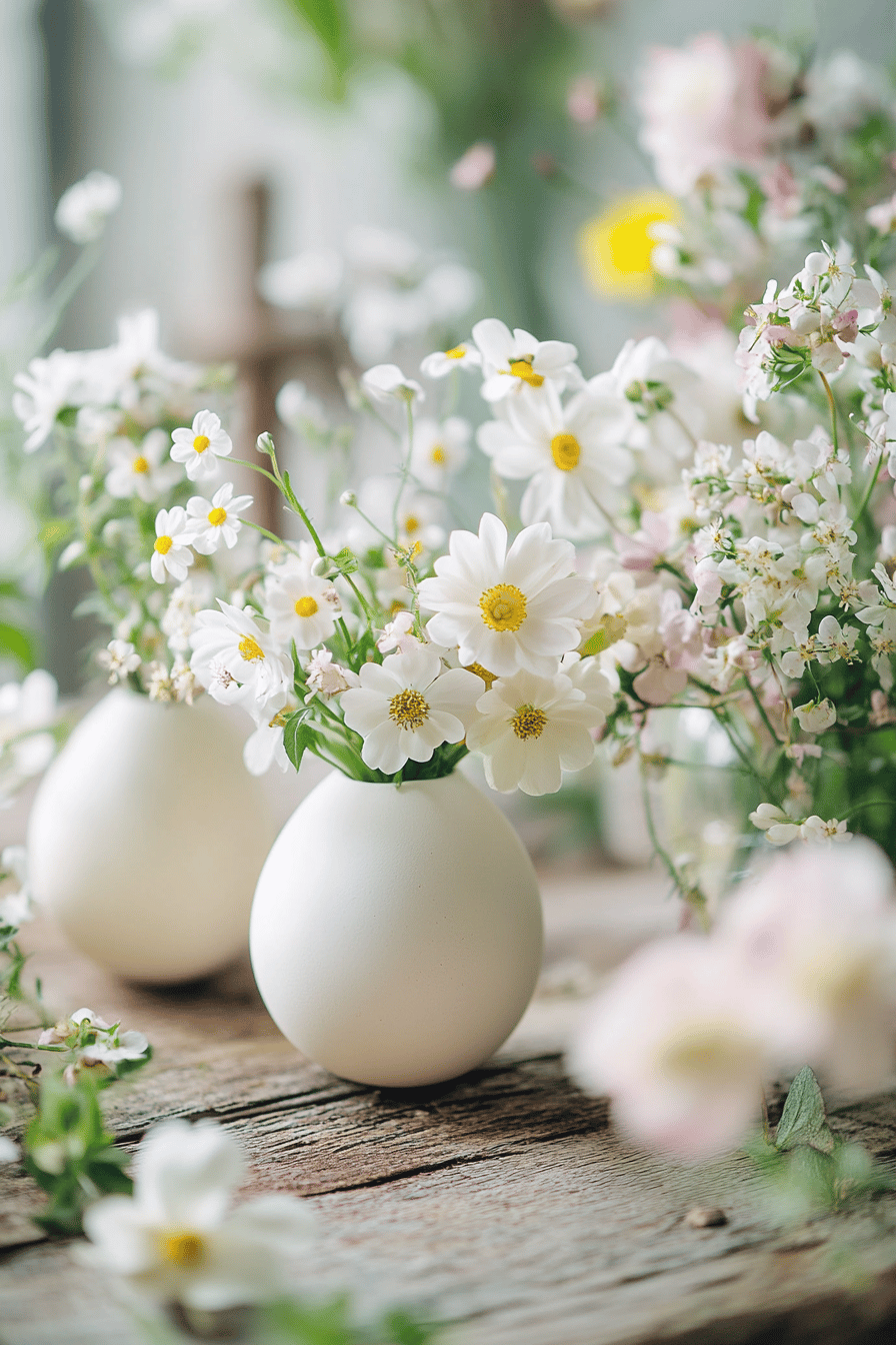 Weiße Eierschalen als Vasen mit kleinen Blumenarrangements.