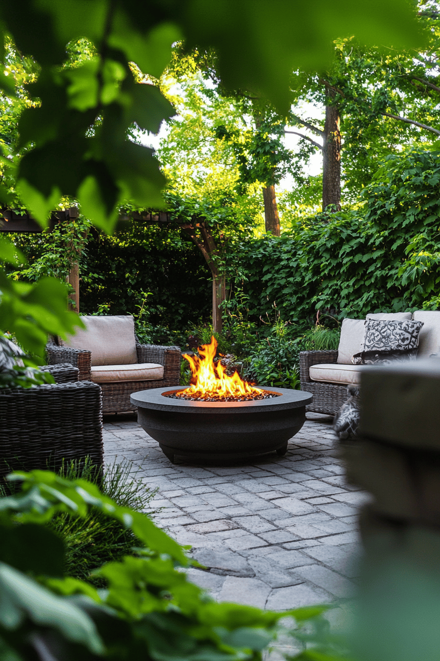 Ein gemütlicher Gartenbereich mit Feuerstelle und Rattan-Sesseln umgeben von üppiger Vegetation.