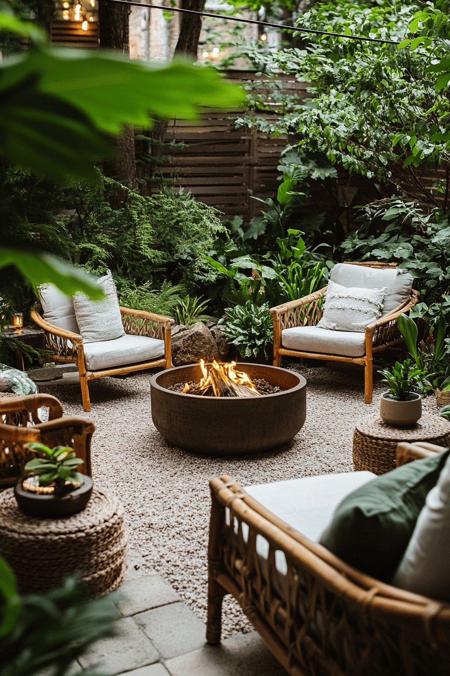Garten-Sitzbereich mit Rattanstühlen um eine Feuerstelle, umgeben von üppigem Grün.