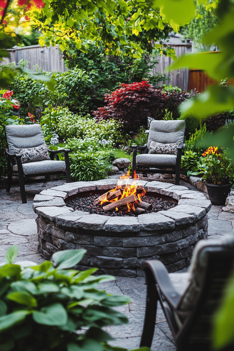 Sitzecke im Garten mit brennender Feuerstelle umgeben von Pflanzen.