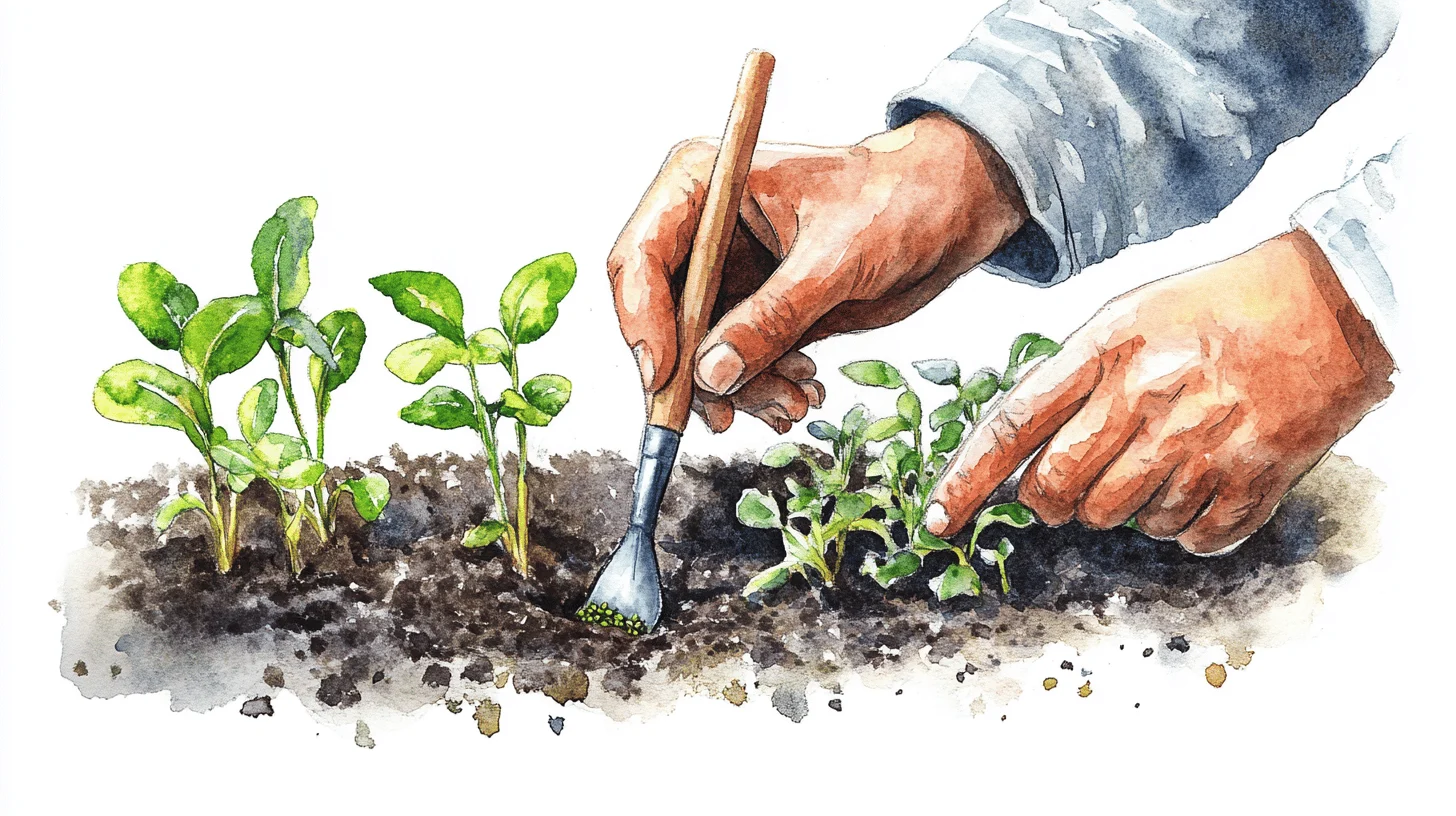 Pflanzenpflege mit Werkzeug im Garten