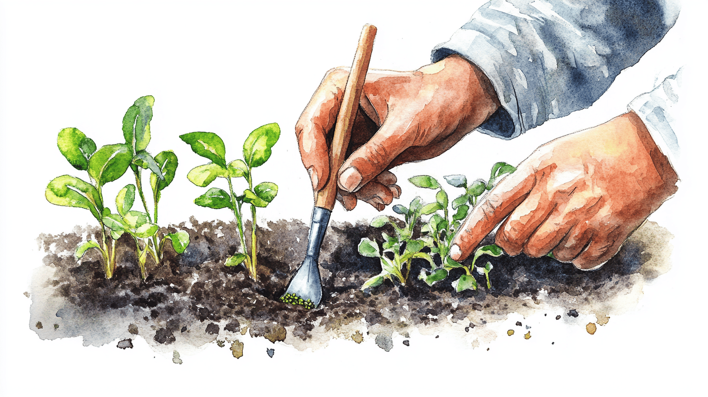 Pflanzenpflege mit Werkzeug im Garten