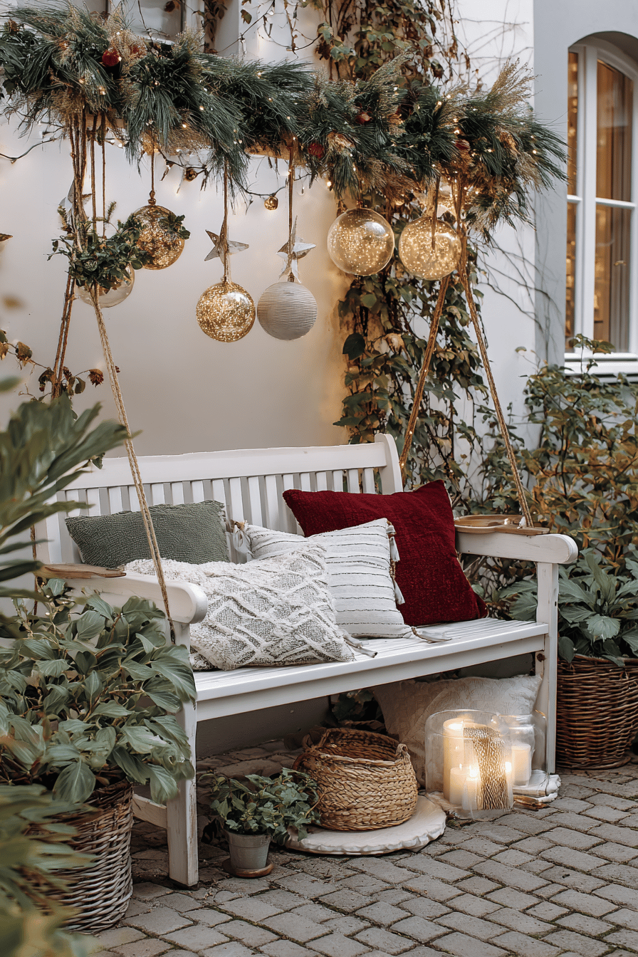 Weihnachtlich dekorierte Gartenbank mit hängenden Ornamenten und Lichterketten.