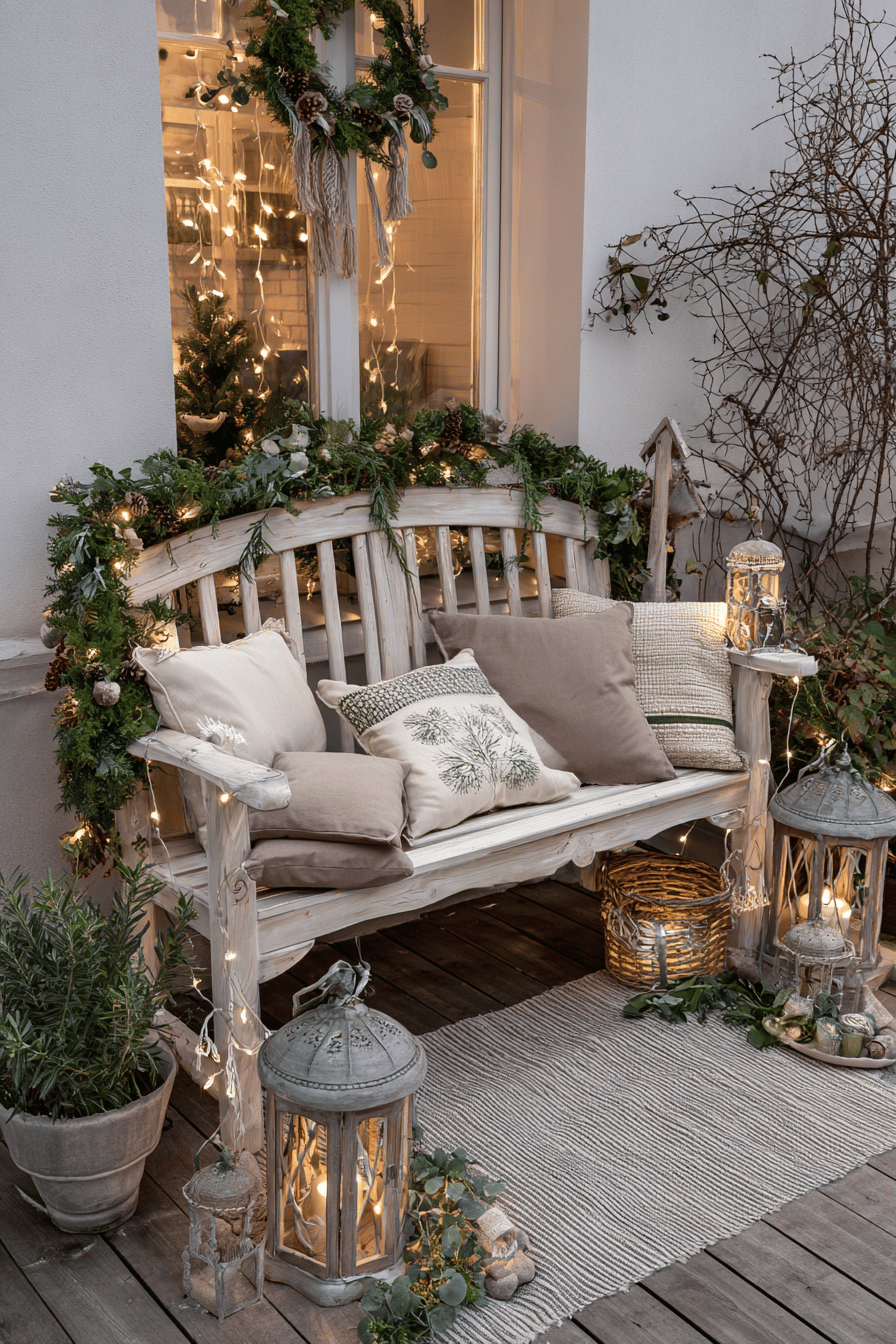 Weihnachtlich dekorierte Gartenbank mit Kissen und Laternen.