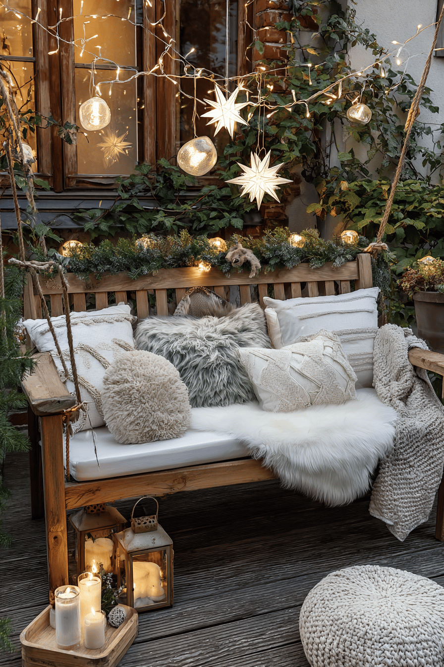Gemütlich dekorierte Gartenbank mit Kissen, Fellen und Lichterketten im weihnachtlichen Stil.