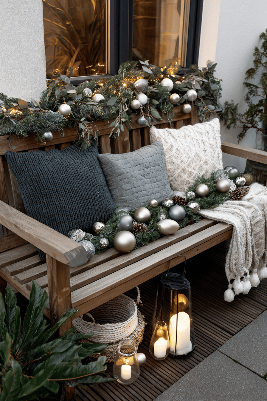 Gartenbank mit weihnachtlicher Dekoration aus Lichterketten, Zweigen und Kugeln.