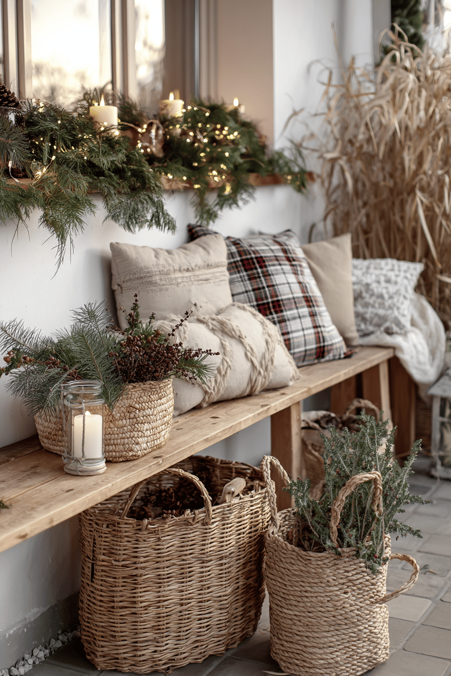 Rustikal dekorierte Gartenbank mit weihnachtlichen Kissen, Körben und Lichtern.
