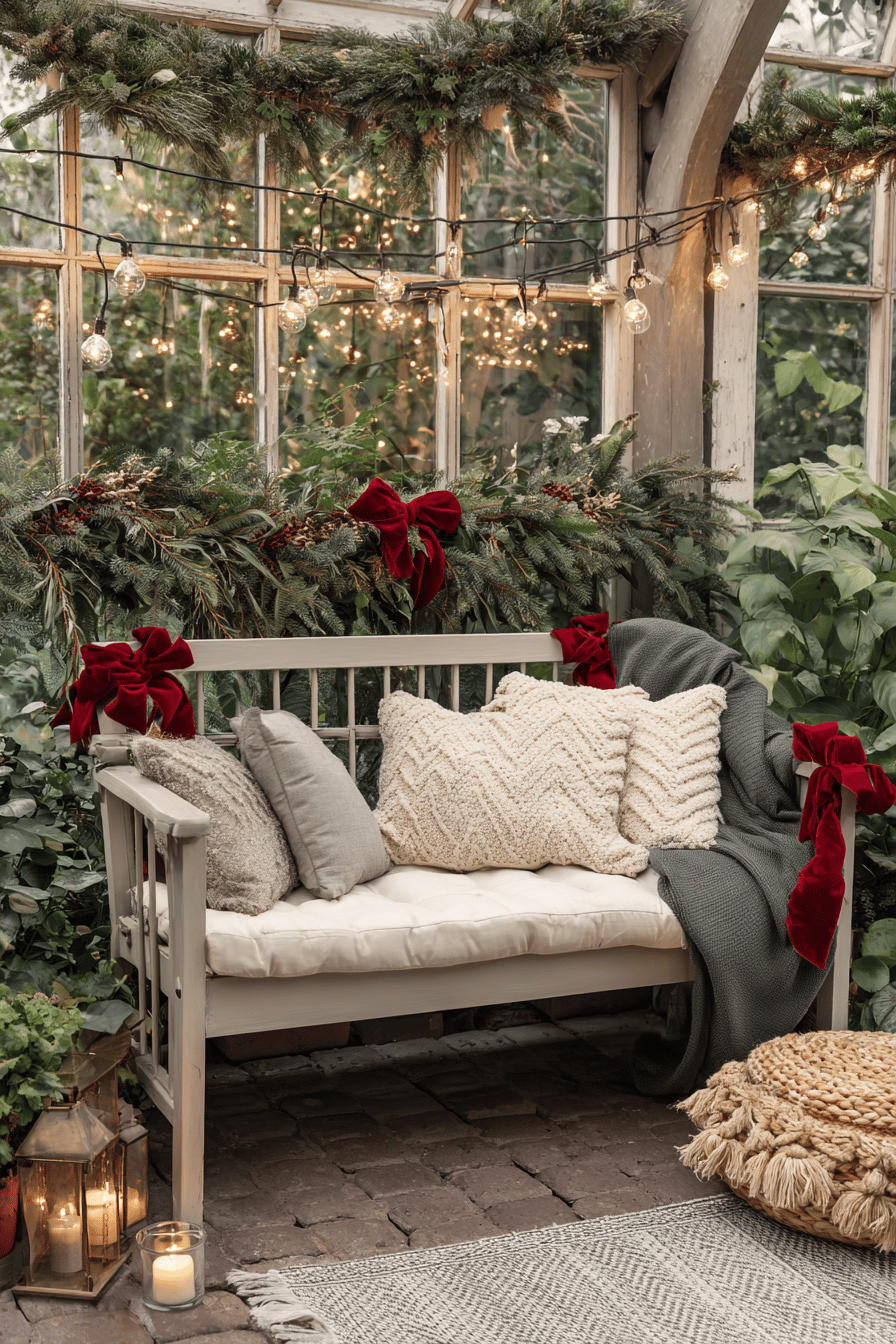Weihnachtlich dekorierte Gartenbank mit roten Schleifen, Lichterkette und Kissen.