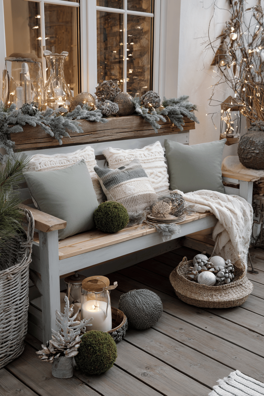Eine stilvoll dekorierte Gartenbank mit Mooskugeln, Kissen und Naturmaterialien in weihnachtlicher Atmosphäre.