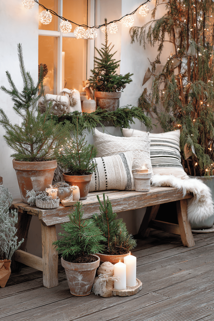 Rustikal dekorierte Gartenbank mit Mini-Weihnachtsbäumen und Kerzen.