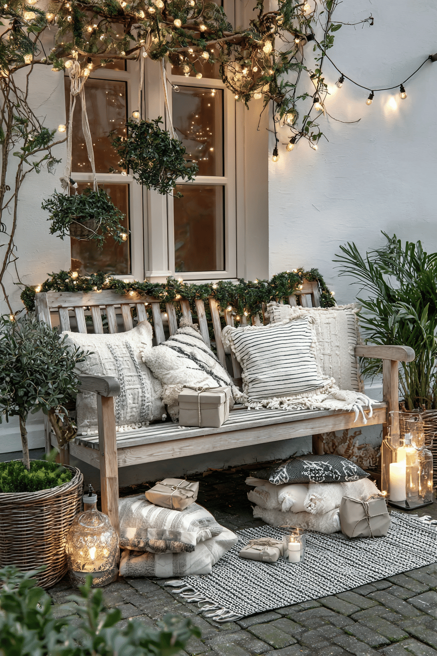 Gartenbank mit Kissen, Lichterketten und Deko-Geschenkboxen weihnachtlich dekoriert.