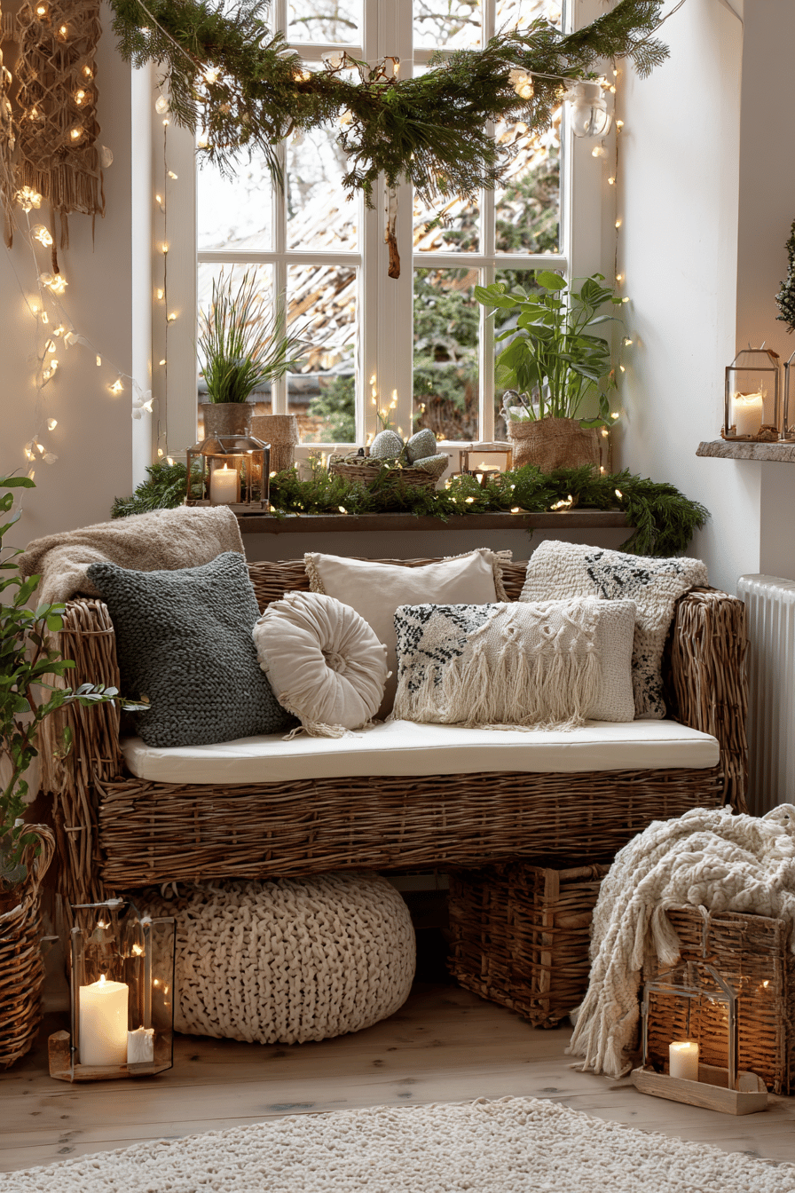 Eine gemütlich dekorierte Gartenbank mit Kissen und Lichterketten vor einem Fenster.