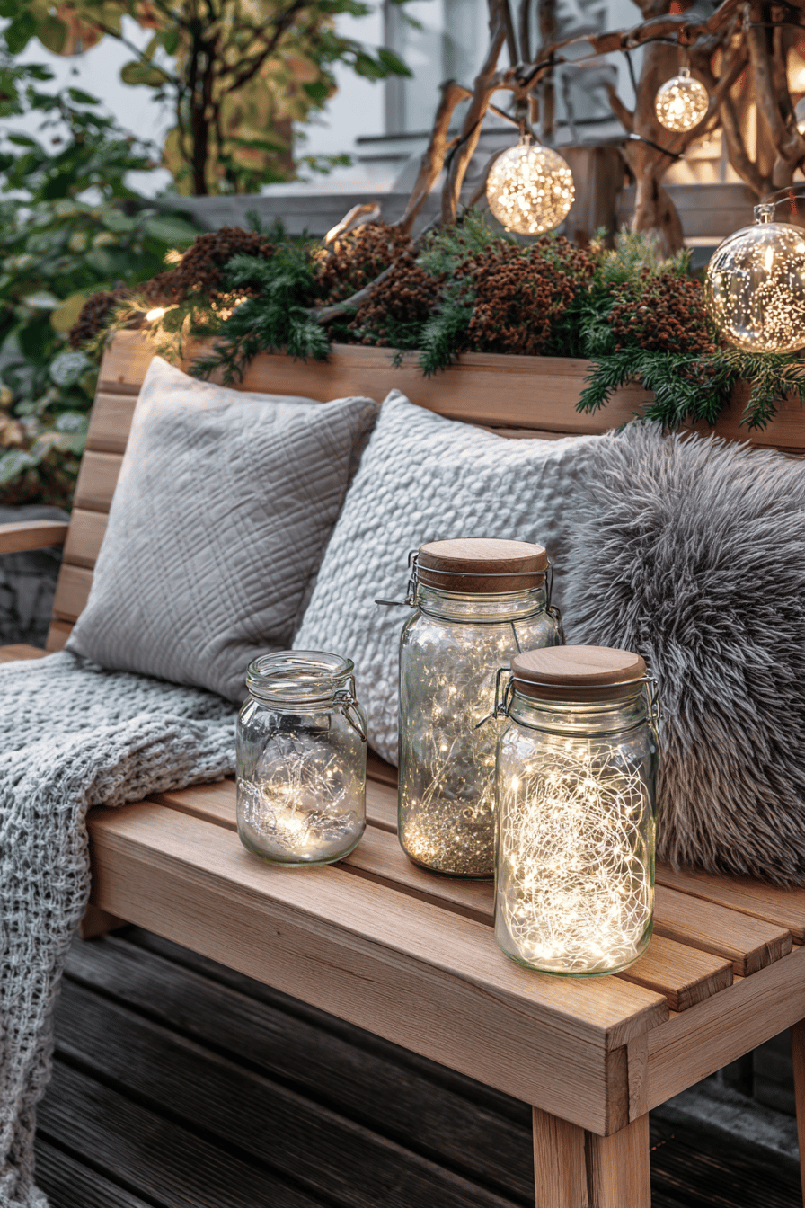 Weihnachtlich dekorierte Gartenbank mit Glasgefäßen und Lichterketten.