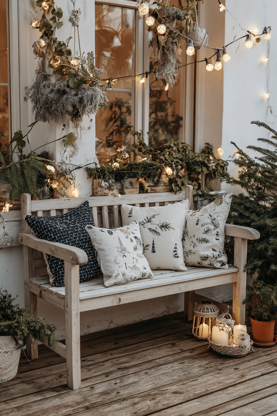 Eine hölzerne Gartenbank mit weihnachtlichen Kissen und Lichtern dekoriert.