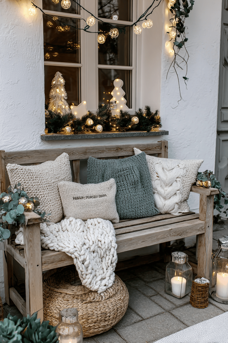 Eine rustikale Gartenbank, dekoriert mit kuscheligen Kissen, Lichterketten und Weihnachtsfiguren.