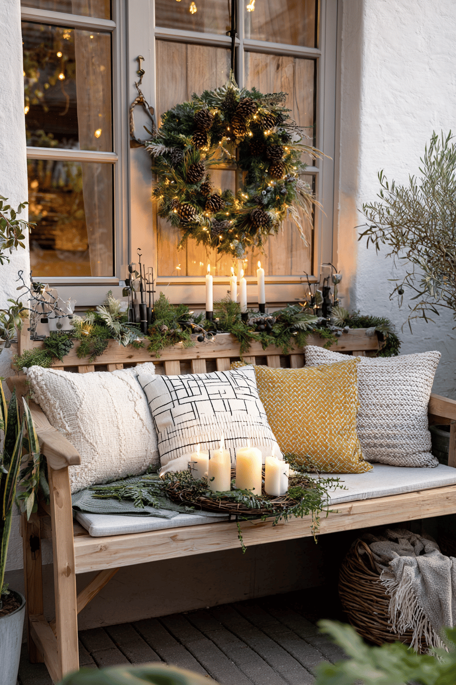 Weihnachtlich dekorierte Gartenbank mit Kranz und Kerzen.