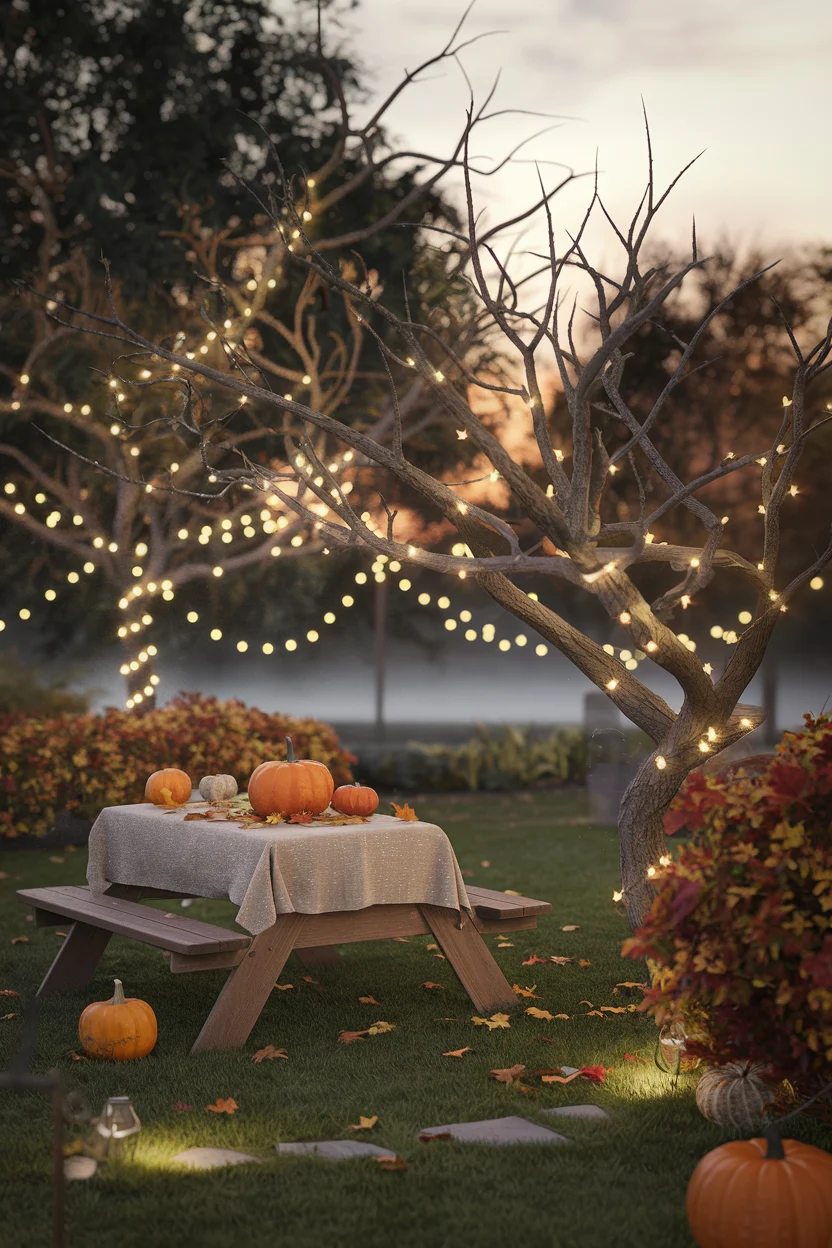 Herbst-Picknick mit Kürbissen und Lichterketten im Garten.