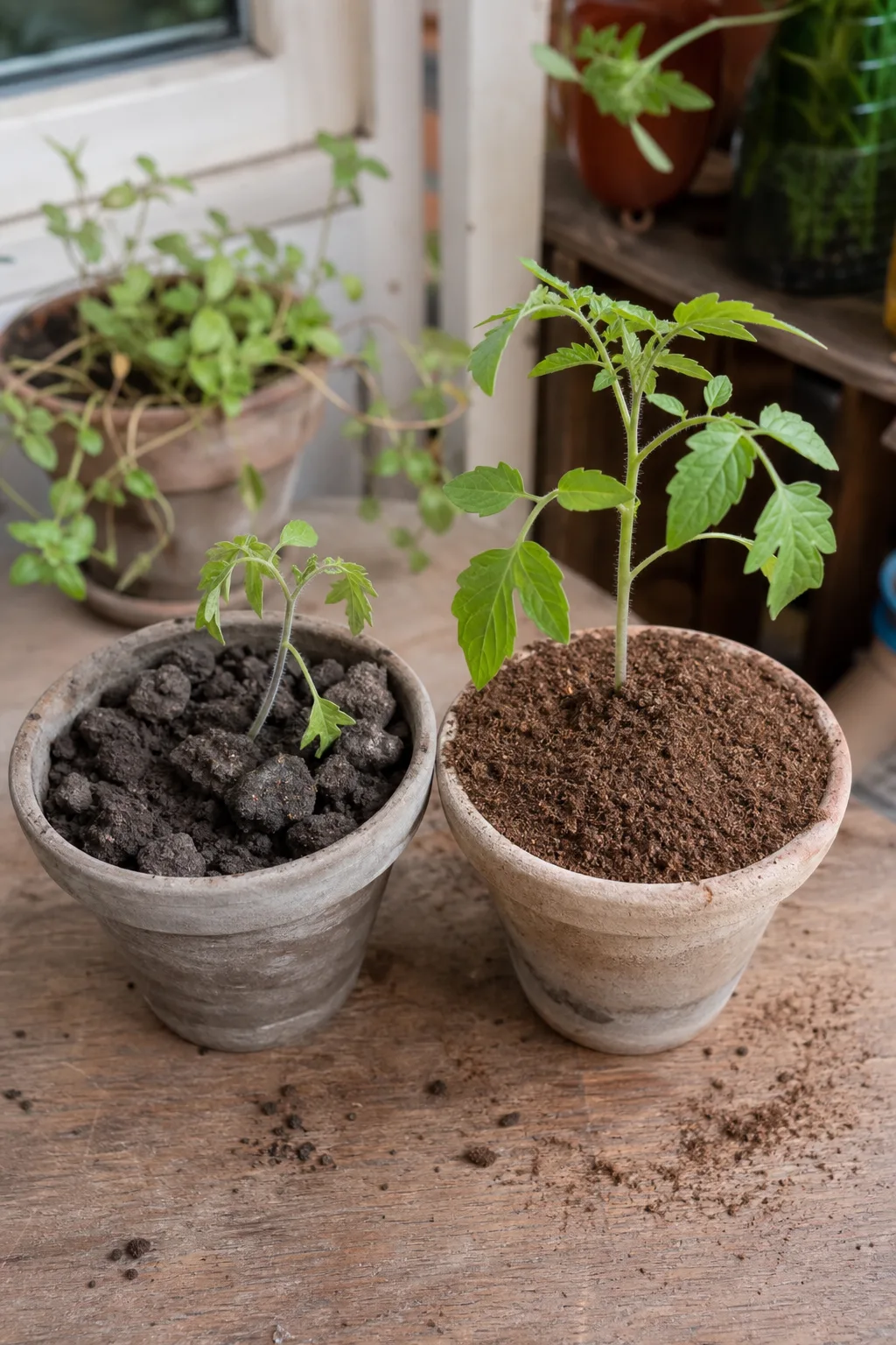 Zwei Töpfe im Vergleich: grobe dunkle Gartenerde neben feiner Anzuchterde