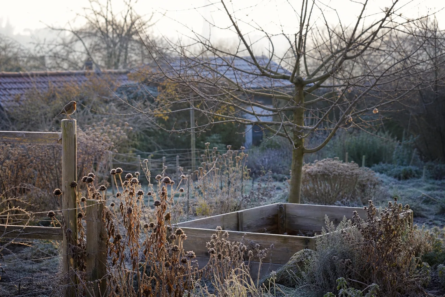 Winterlicher Gemüsegarten mit Raureif, stehen gelassenen Samenständen und einem Rotkehlchen
