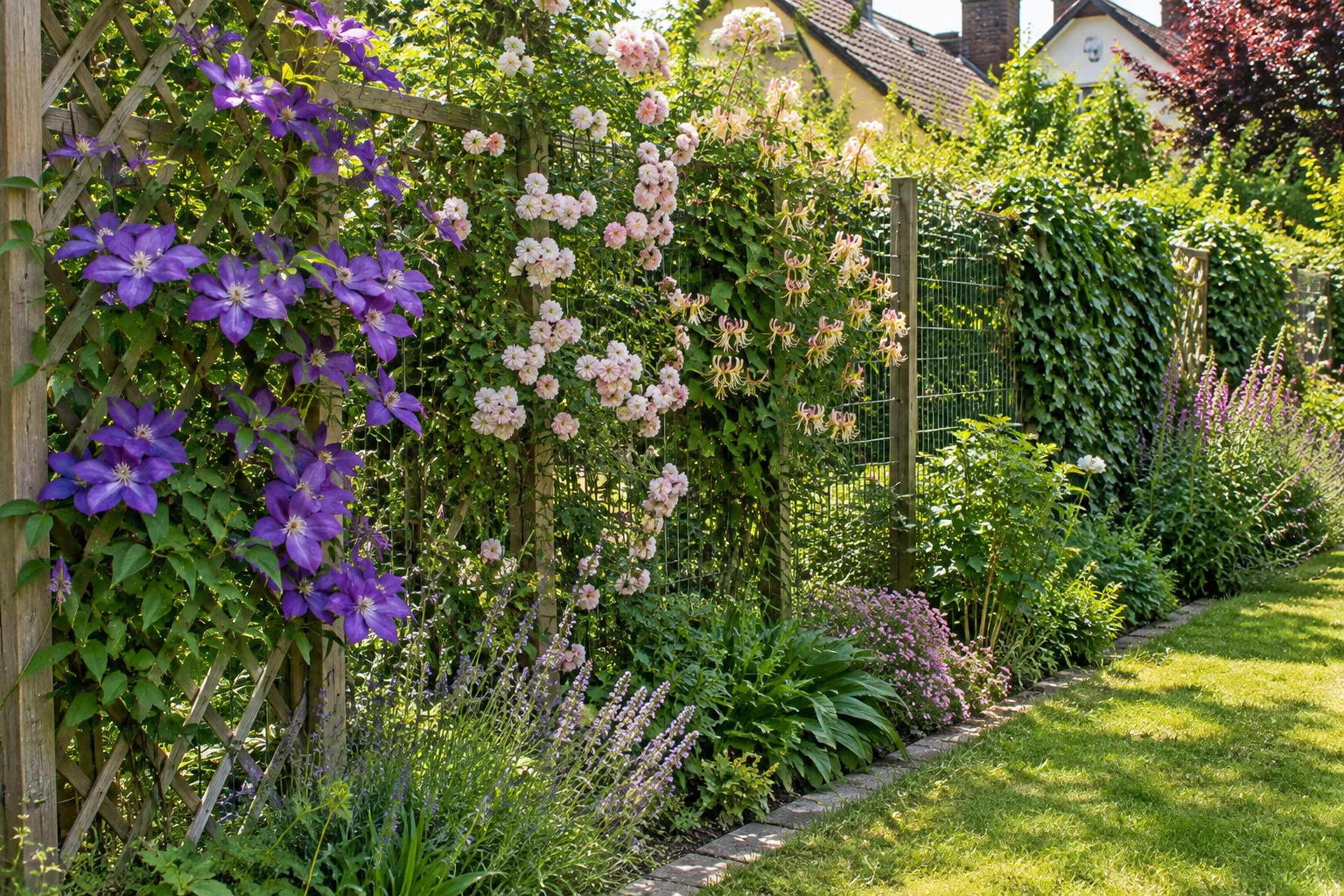 Gartenzaun im Juni, berankt mit violetter Waldrebe, rosa Ramblerrose, cremefarbenem Geißblatt und einem Abschnitt Efeu