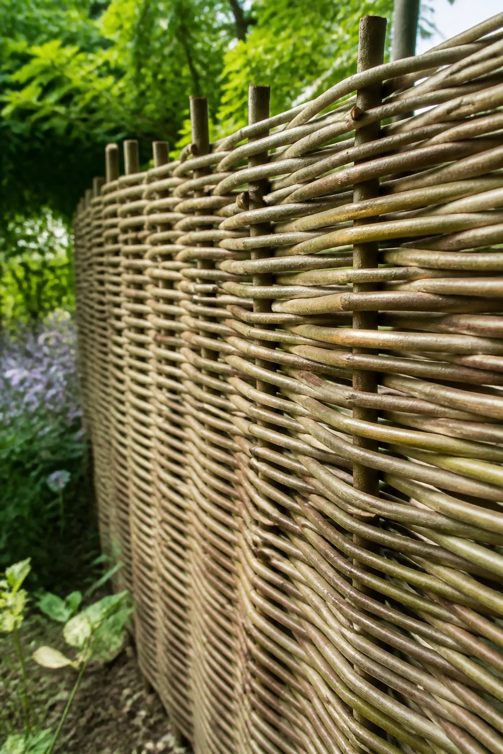 Geflochtener Haselnussruten-Sichtschutz im Garten