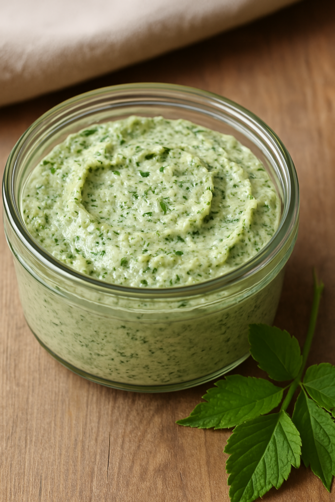 Kräutercreme im Glas auf Holzuntergrund