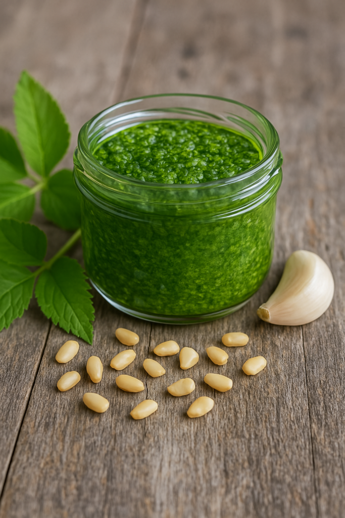 Pesto-Zutaten auf Holztisch mit Glas Pesto