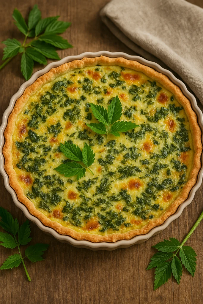 Brennnessel-Quiche mit frischen Blättern garniert