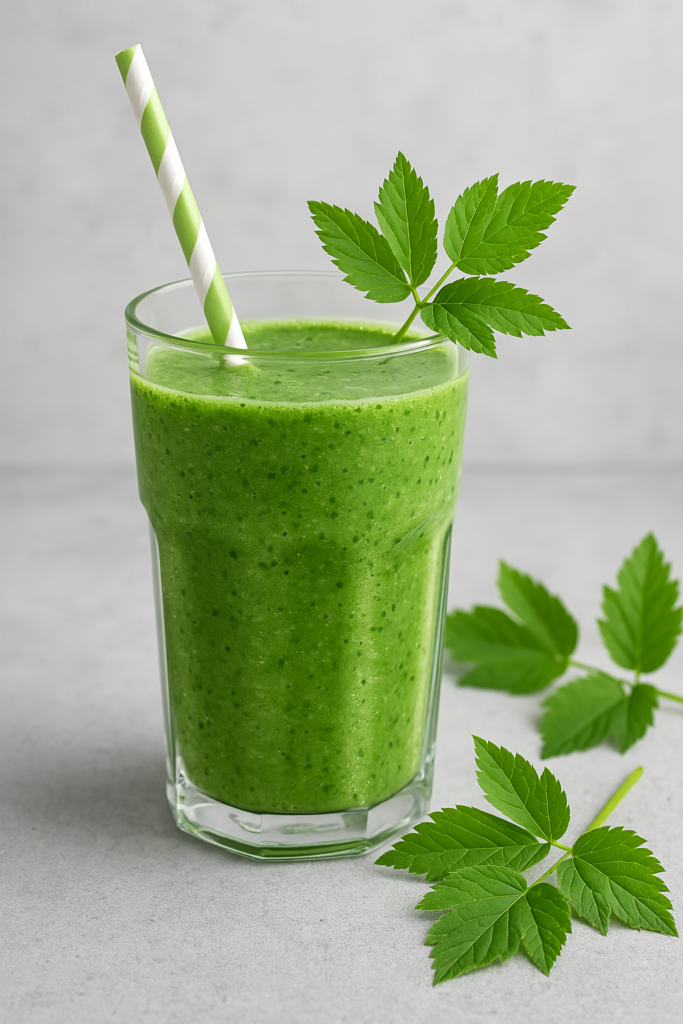 Grüner Smoothie mit Blattdekoration im Glas
