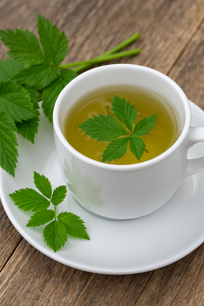 Grüner Tee mit frischen Blättern in Tasse