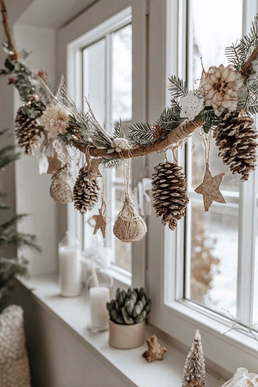 Weihnachtsgirlande mit Tannenzapfen und Baumrinde an einem Fenster