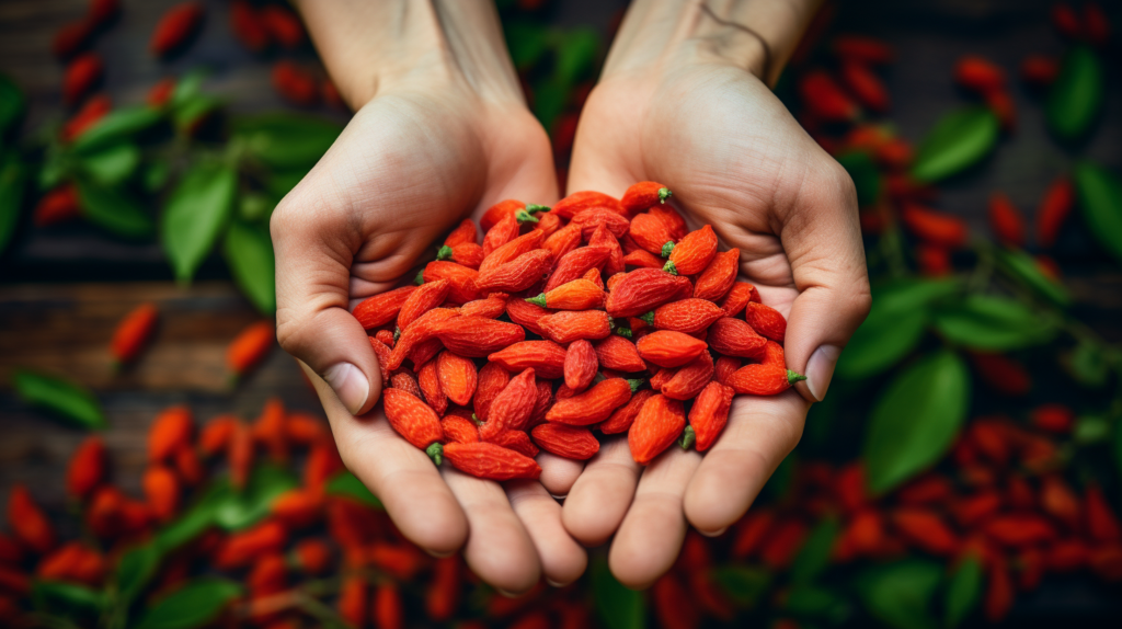 Hände voller Goji-Beeren über Holztisch.