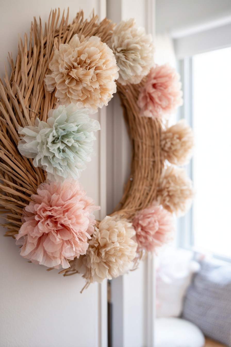 Großer Rattan-Frühlingskranz mit Textilblumen an Tür