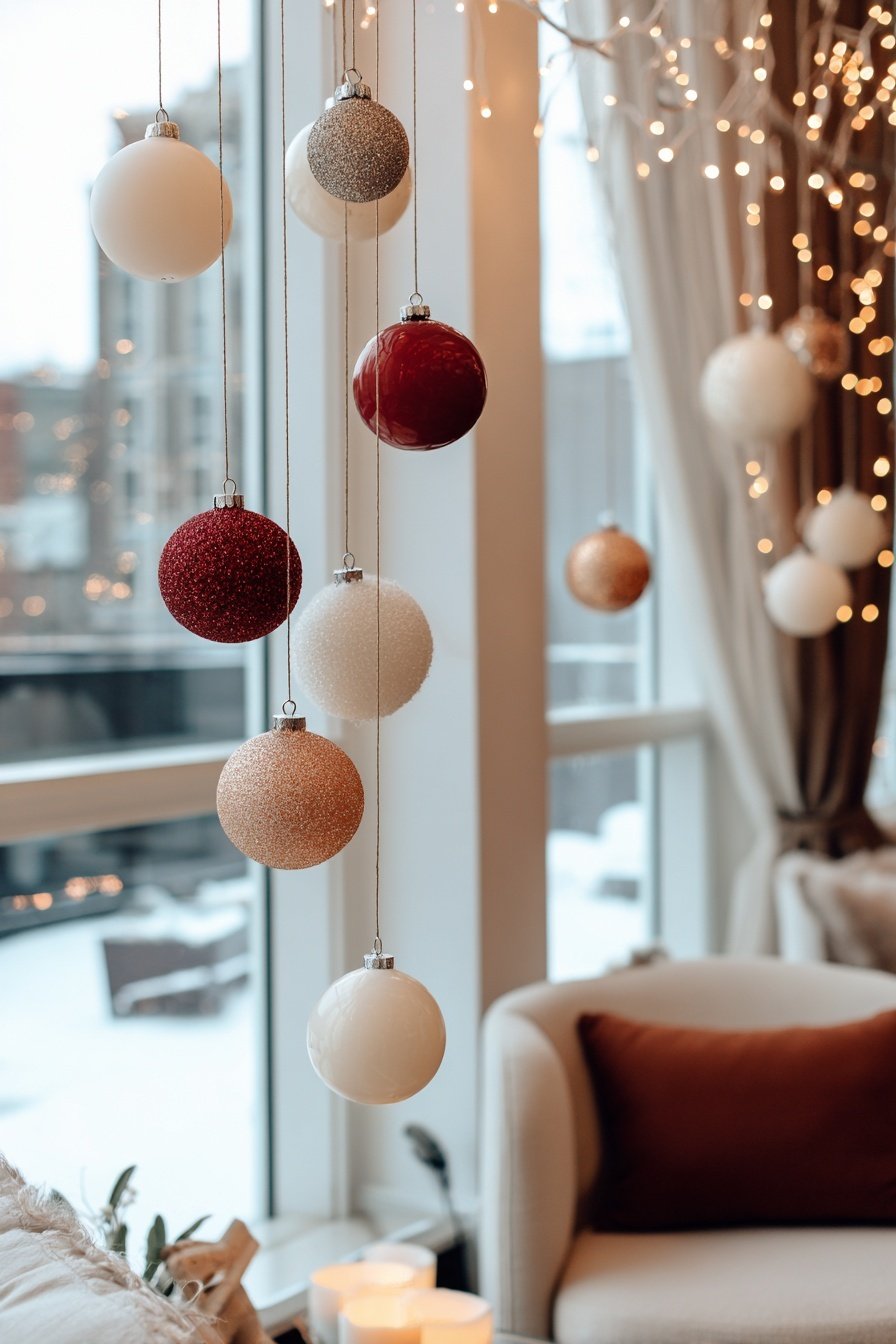Weihnachtskugeln in Gold, Weiß und Rot hängen dekorativ vor einem Fenster