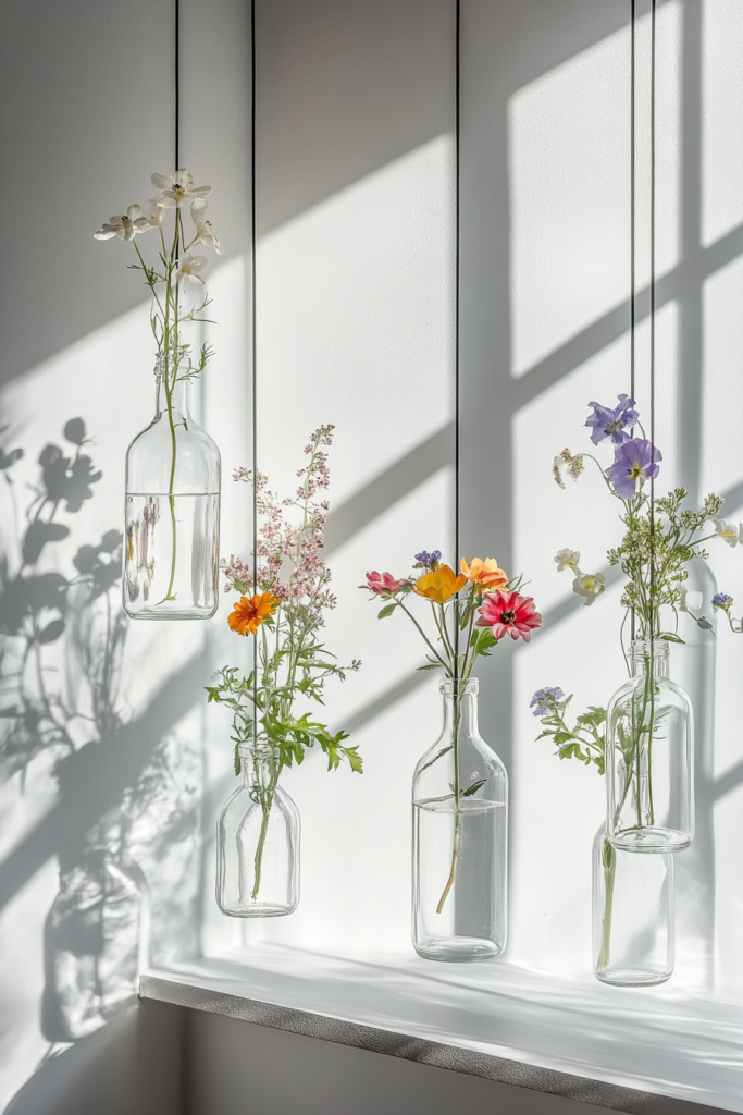Hängende Blumen in Glasflaschen vor hellem Hintergrund.