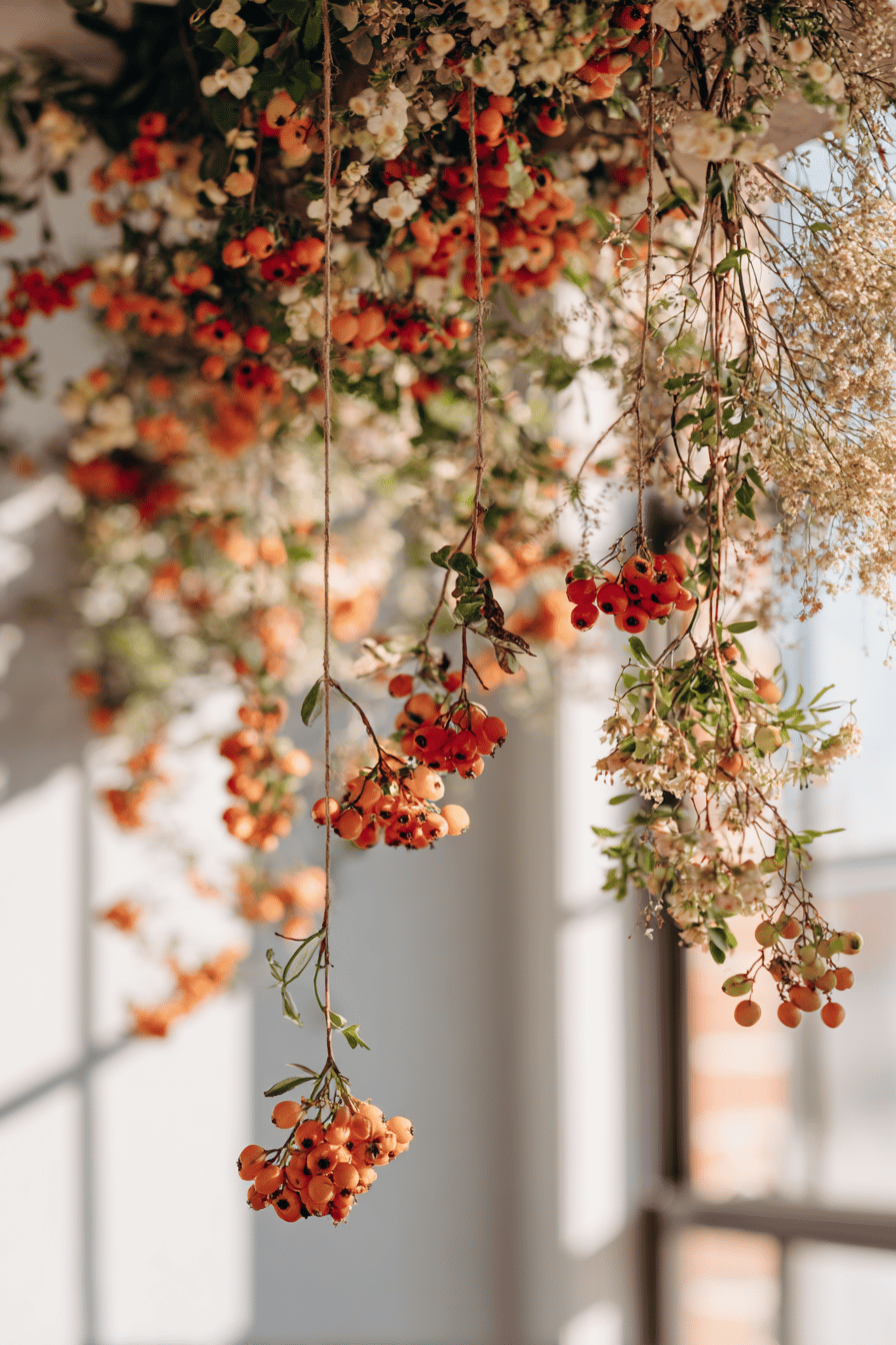 Hängende Dekoration mit Beeren und Hagebutten in warmen Herbstfarben.