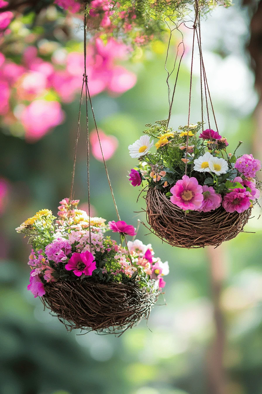 Zwei hängende Osternester gefüllt mit bunten Frühlingsblumen.