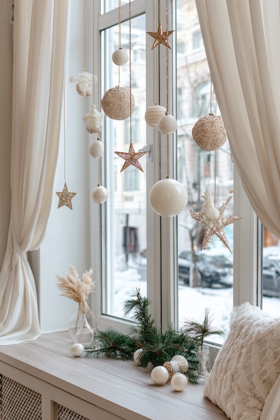 Weihnachtskugeln und Sterne hängen dekorativ vor einem hellen Fenster
