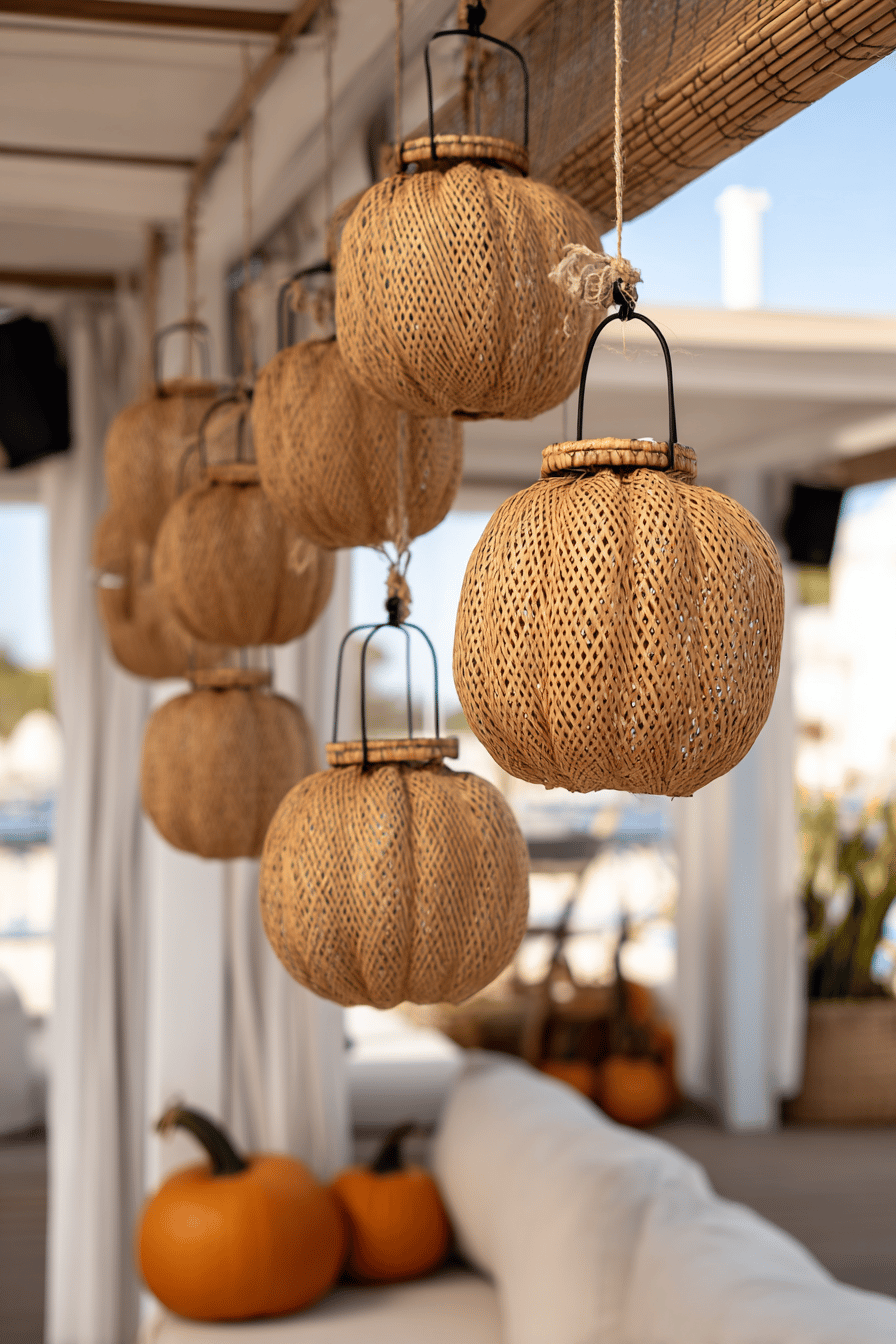 Hängende Laternen aus Rattan, die wie Kürbisse geformt sind, dekorieren einen Außenbereich.