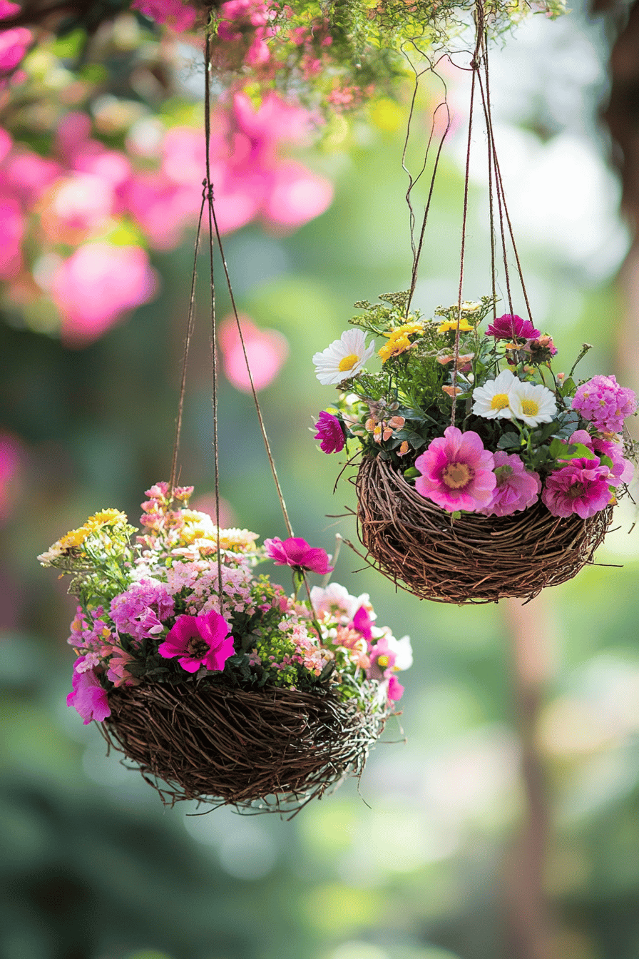 Zwei hängende Osternester gefüllt mit bunten Frühlingsblumen.