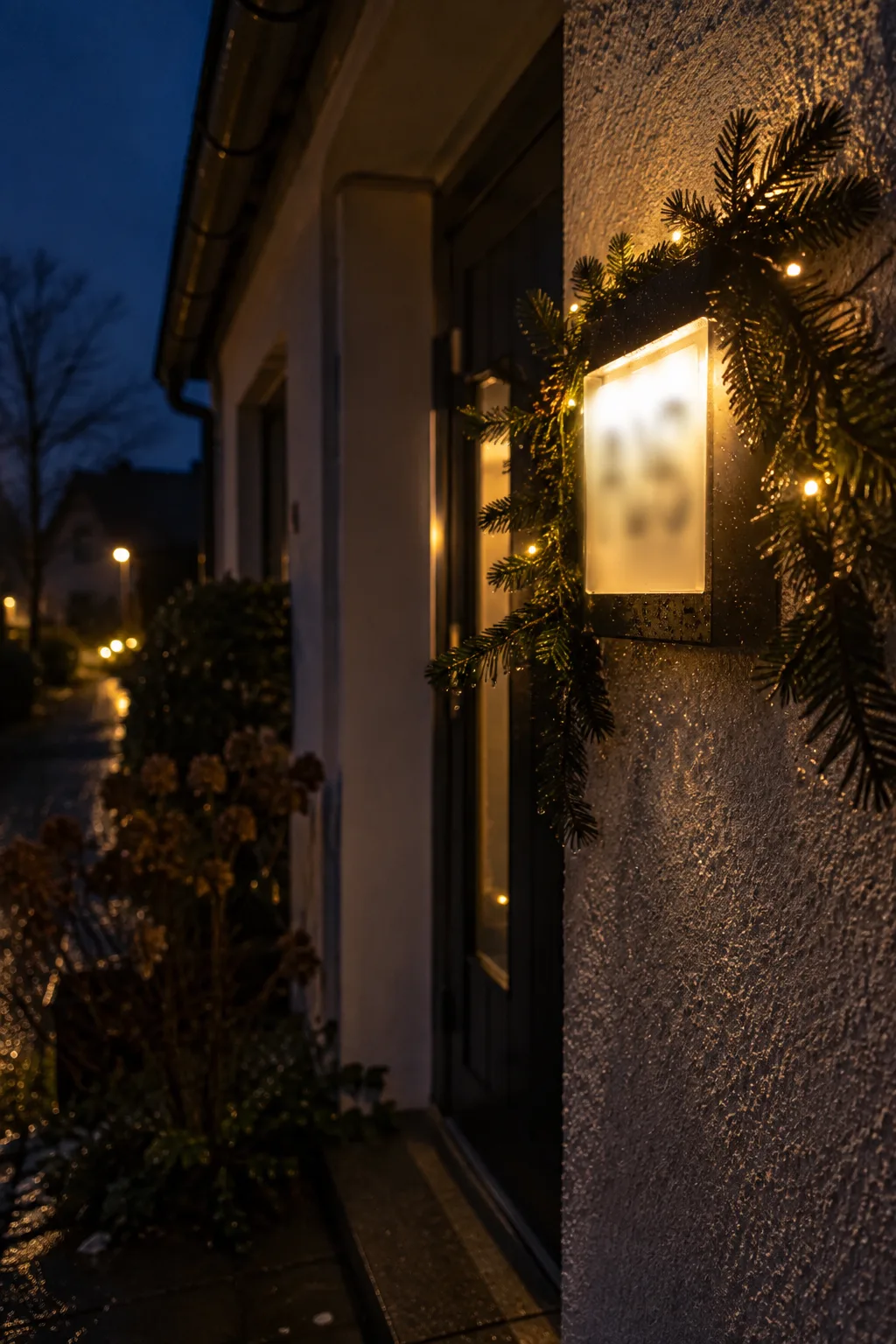 Beleuchtete Hausnummer bei Nacht, mit Tannenzweigen und kleiner Lichterkette an der Hauswand