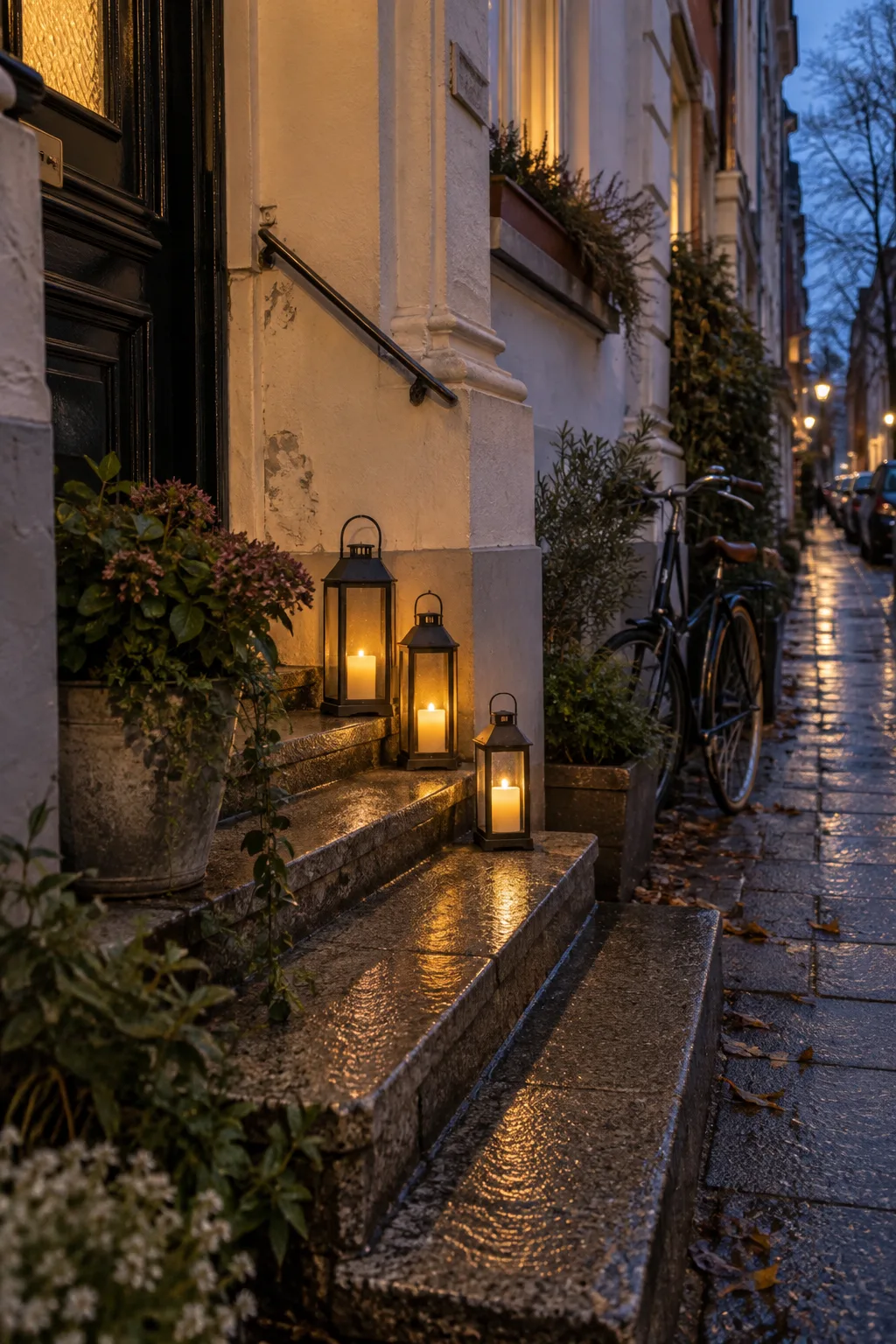 Drei Laternen mit LED-Kerzen auf nassen Granitstufen eines Mietshaus-Eingangs in der Dämmerung