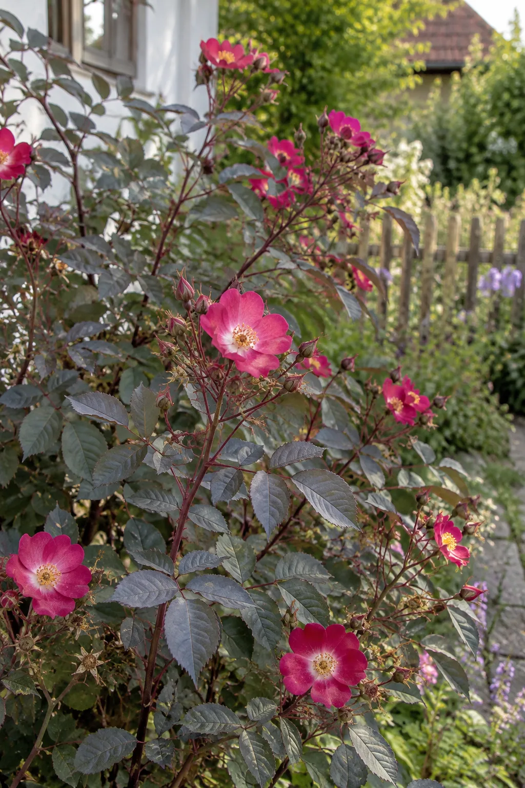 Hechtrose mit rötlichen Trieben und blaugrauem, gefiedertem Laub, dazwischen kleine einfache, kräftig rosa Blüten mit weißer Mitte und gelben Staubgefäßen