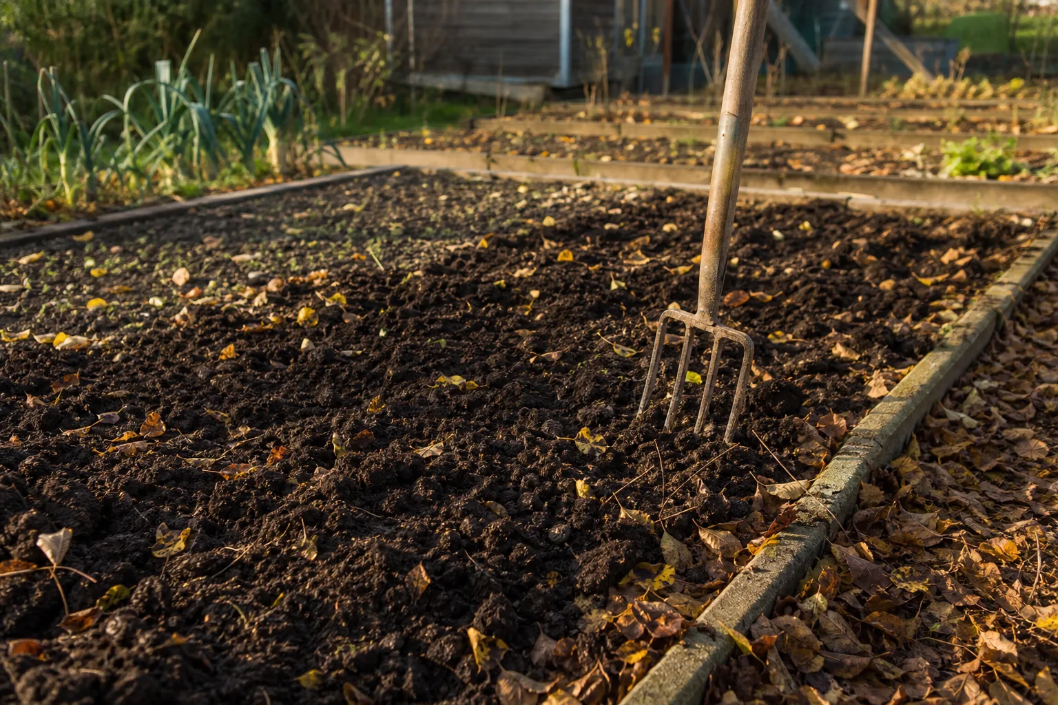 Kompost auf einem abgeernteten Herbstbeet, Grabegabel im Boden, Laub am Beetrand