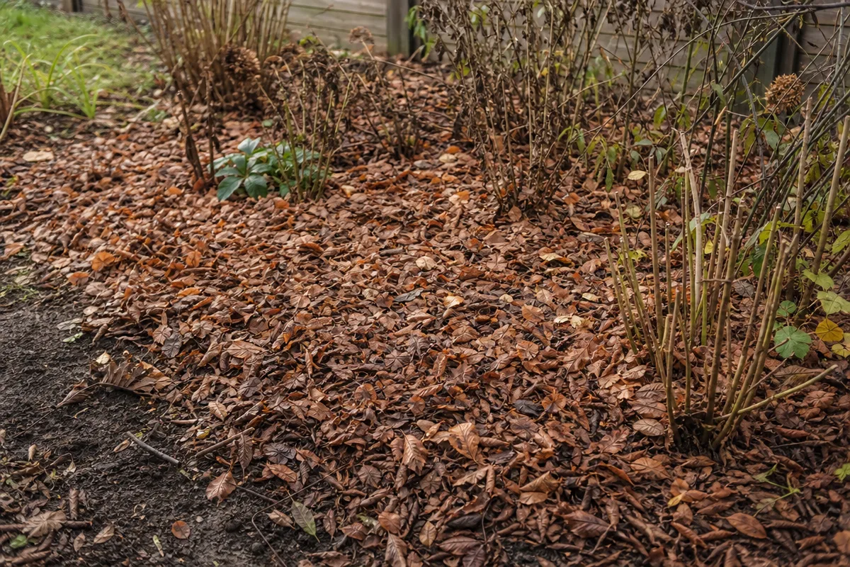 Laubmulchschicht zwischen zurückgeschnittenen Stauden im Herbstbeet
