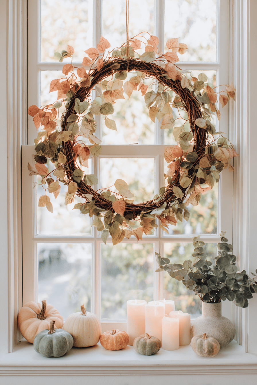 Fensterbank mit dekorativem Herbstkranz, Kürbissen, Kerzen und einer Vase mit Zweigen.