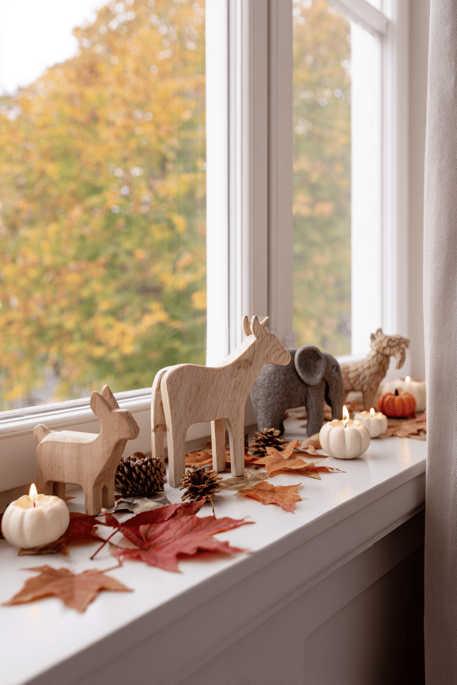 Holztierfiguren, Kerzen und Herbstblätter dekorieren eine Fensterbank.