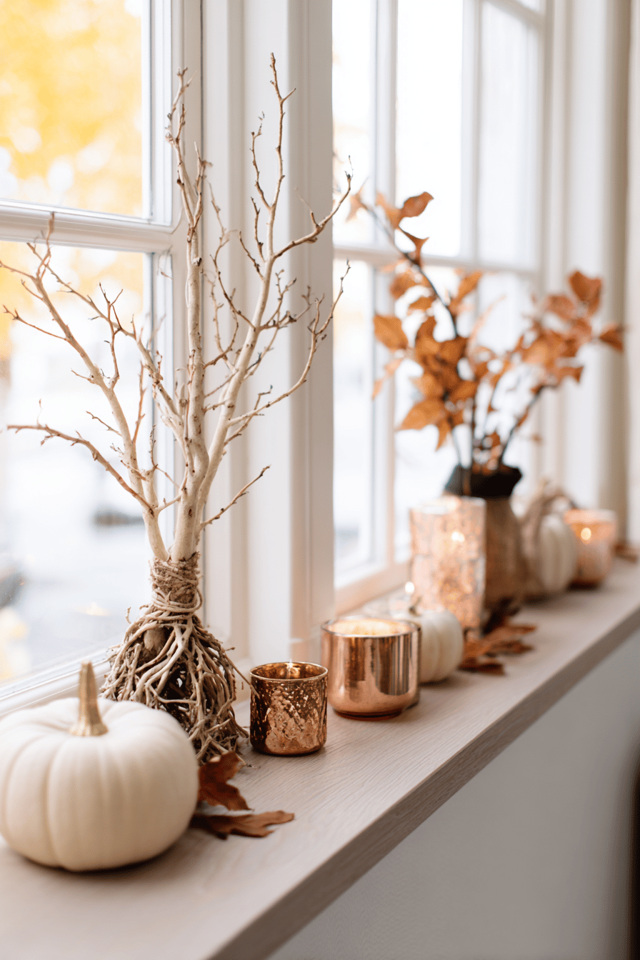 Herbstliches Fensterbank-Dekor mit Kürbissen, Ästen und Kerzen.