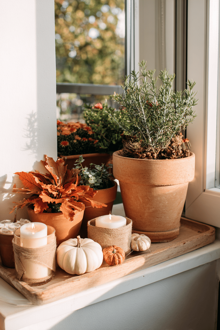 Terrakotta-Töpfe mit Herbstpflanzen und Dekorationen auf einer Fensterbank.