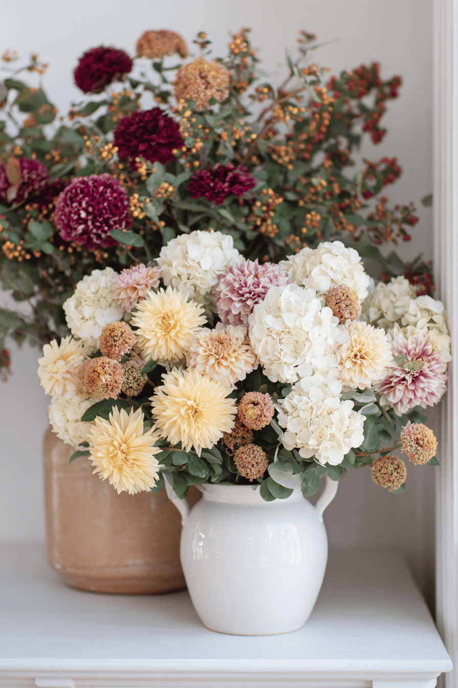 Vasen mit Hortensien und Chrysanthemen in herbstlichen Farben